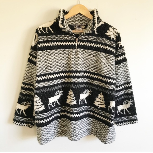 Vintage 90s Nordic Fair Isle Pullover Fleece Zip Jacket Deep Pile Tree Deer - Picture 1 of 9